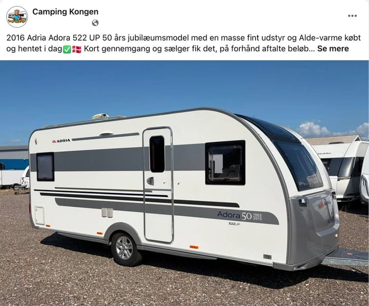 Facebook-opslag fra CampingKongen: en Adria Adora 522 UP fra 2016, købt og hentet samme dag.