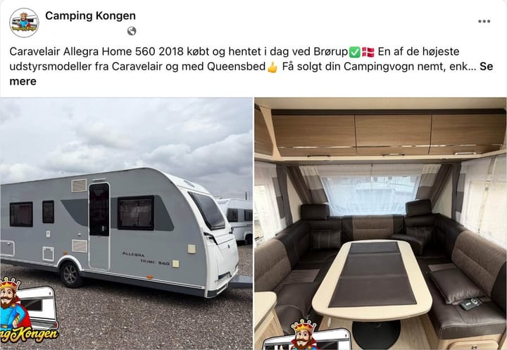 Facebook-opslag fra CampingKongen: en Caravelair Allegra Home 560 fra 2018, købt og hentet ved Brørup.